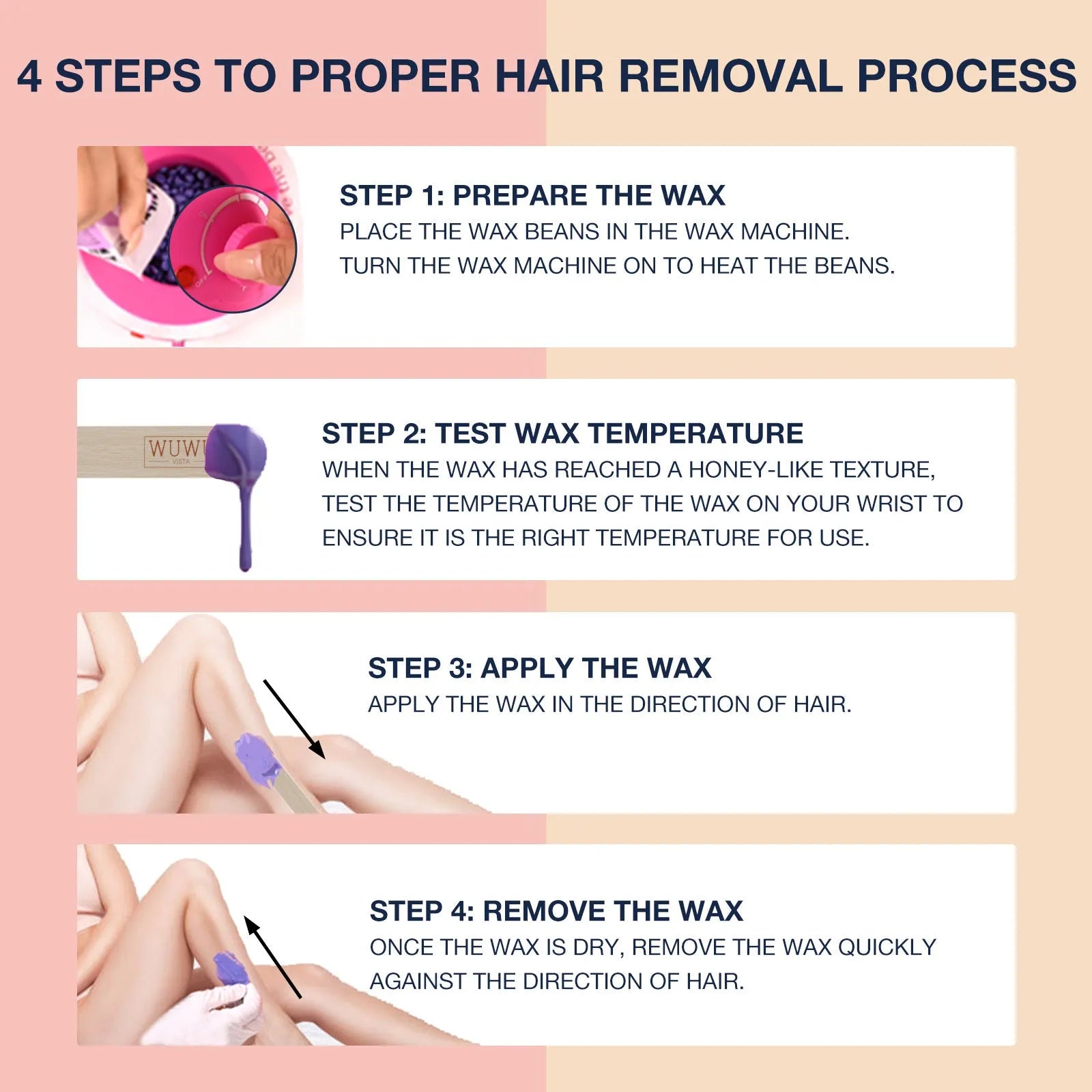27-piece hair removal wax kit showing four coloured wax beads, a wax warmer machine, and application sticks