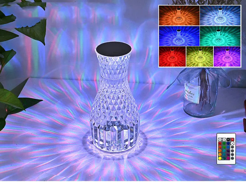 Crystal vase table lamp with remote control measuring 19cm tall on wooden bedside table
