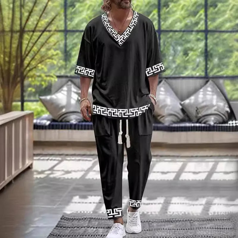 V-neck trousers suit with cropped sleeves in thin polyester fabric for business formal wear