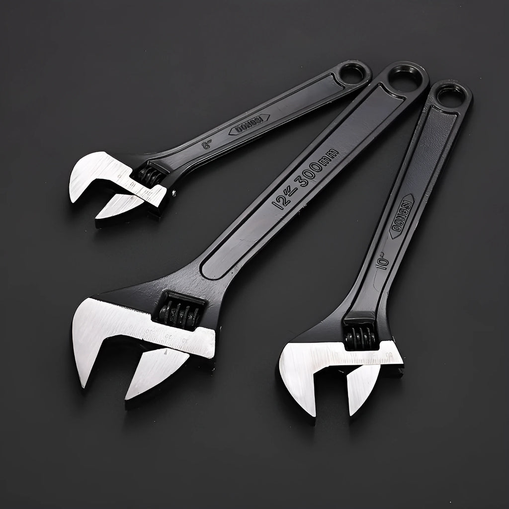 Blackened high carbon steel adjustable open-end wrench showing adjustable jaw mechanism and ergonomic handle