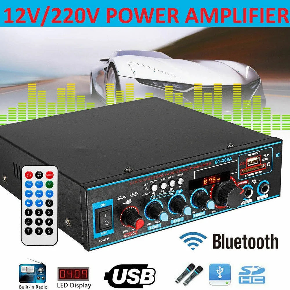 Black BT-309A-A Bluetooth power amplifier with recording function for home and car use