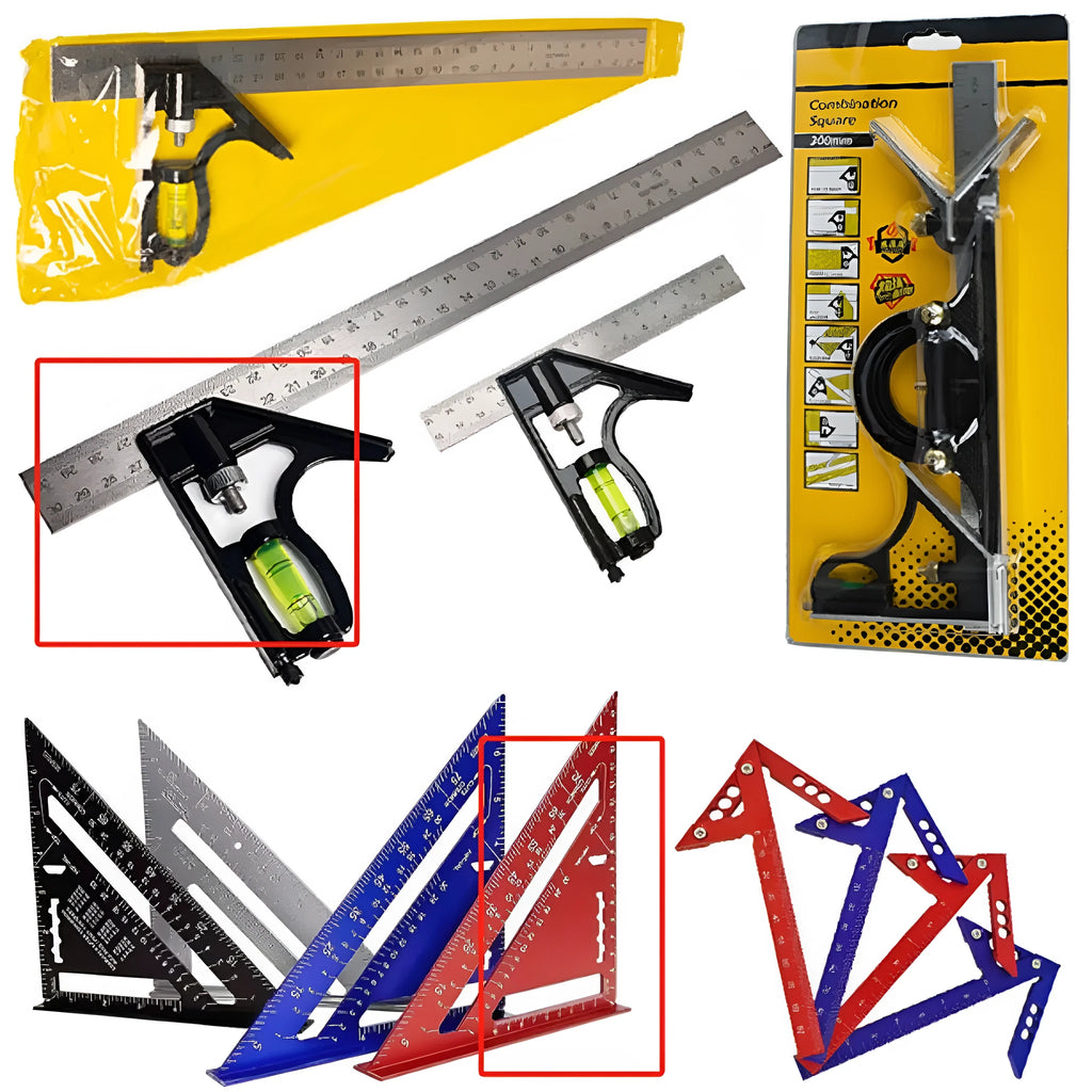 Two red metal combination angle rulers for civil surveying with imperial scales and transparent storage bag