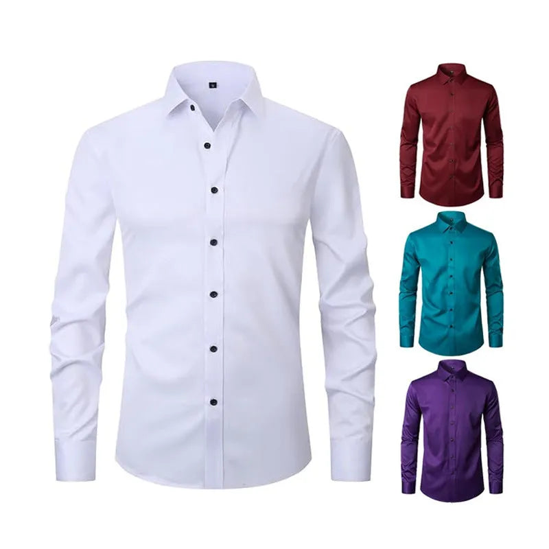 Man wearing a stretch long sleeve work shirt in a solid colour, showing the fit and style.