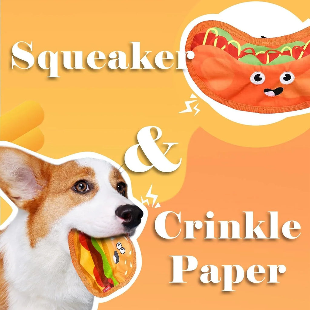 Food-shaped dog chew toys including a hamburger, fries, a hot dog, and a pizza, designed for interactive play with crinkle and squeak sounds.