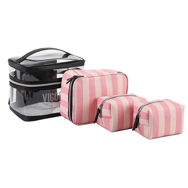 Pink bold stripes buggy bag makeup kit with flower pattern and folding design