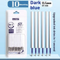 Pack of 10 quick-drying pen refills in black, red, blue, and ink blue colours for 500m writing.