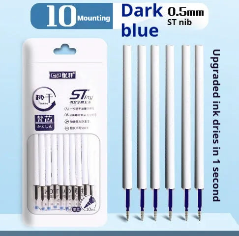 Pack of 10 quick-drying pen refills in black, red, blue, and ink blue colours for 500m writing.