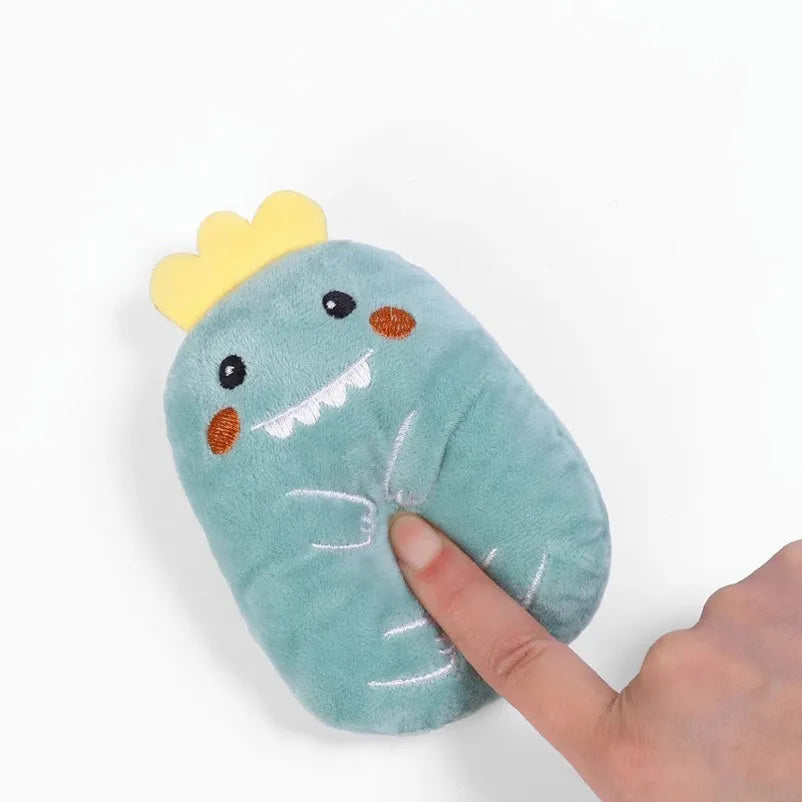 Plush catnip chewing toy for teeth grinding with vocal sounds, shown in assorted colours