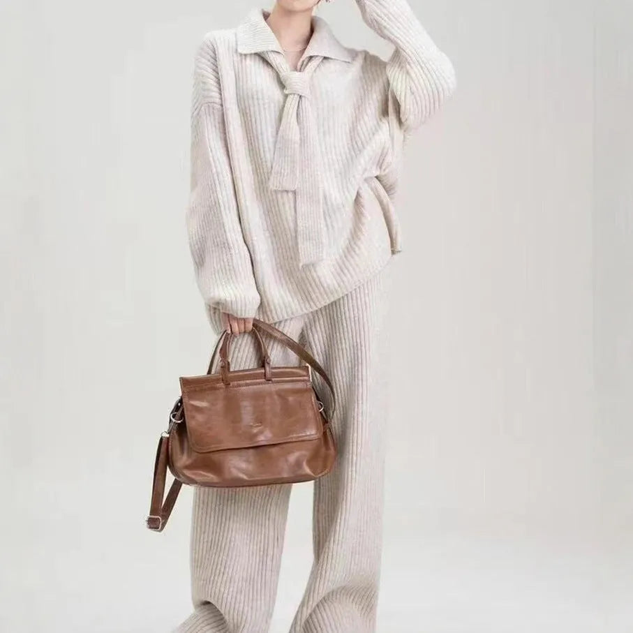 Women's beige imitation cashmere sweater suit two-piece set with knitting top and casual trousers