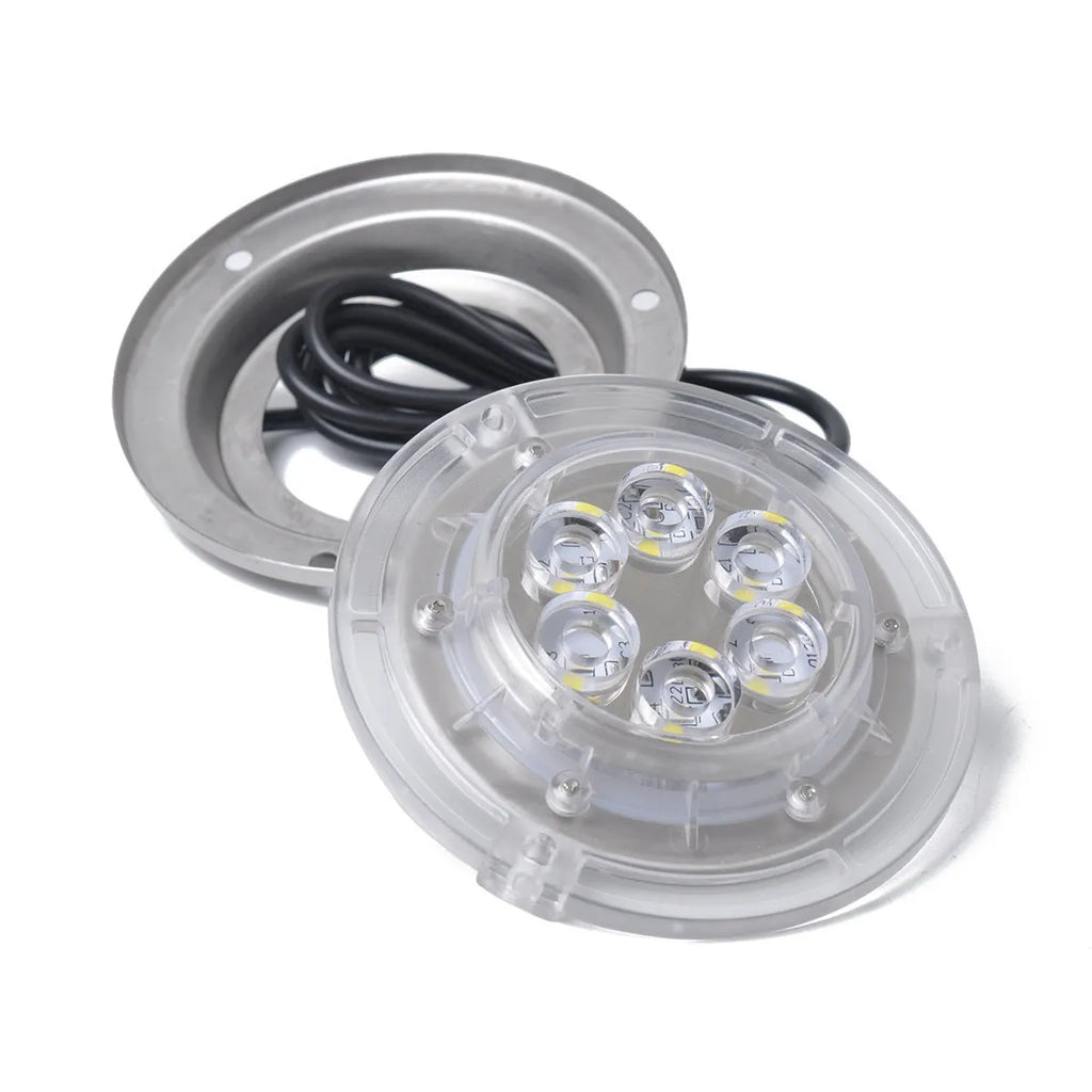 Stainless steel underwater light for yacht, 12V DC, 6 x 3W white LEDs, IP68, 92.8mm diameter.