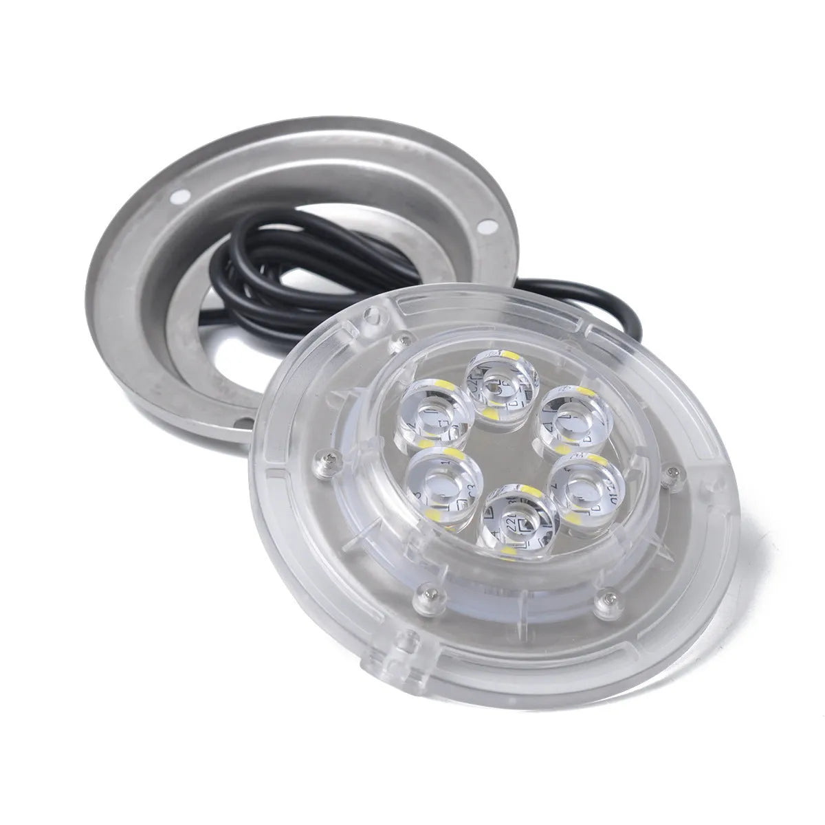 Stainless steel underwater light for yacht, 12V DC, 6 x 3W white LEDs, IP68, 92.8mm diameter.