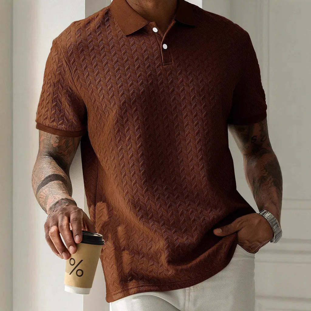 Men's solid colour short-sleeved polo shirt with collar, polyester, available in five colours and sizes S to 2XL.