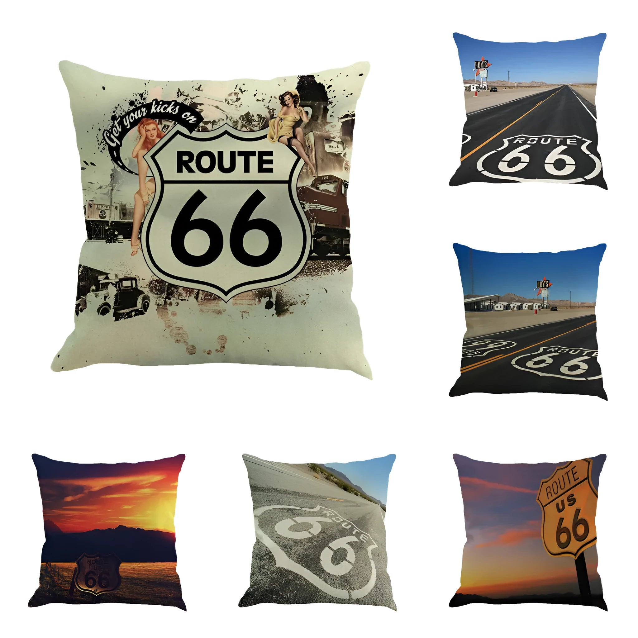 Square linen blend cushion cover with a Route 66 road landscape print, shown in a selection of colours.