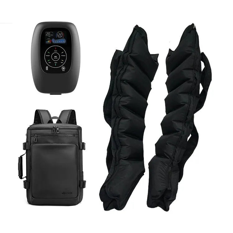 Air Wave Pressure Massager device with remote control and leg, arm, and waist attachments.