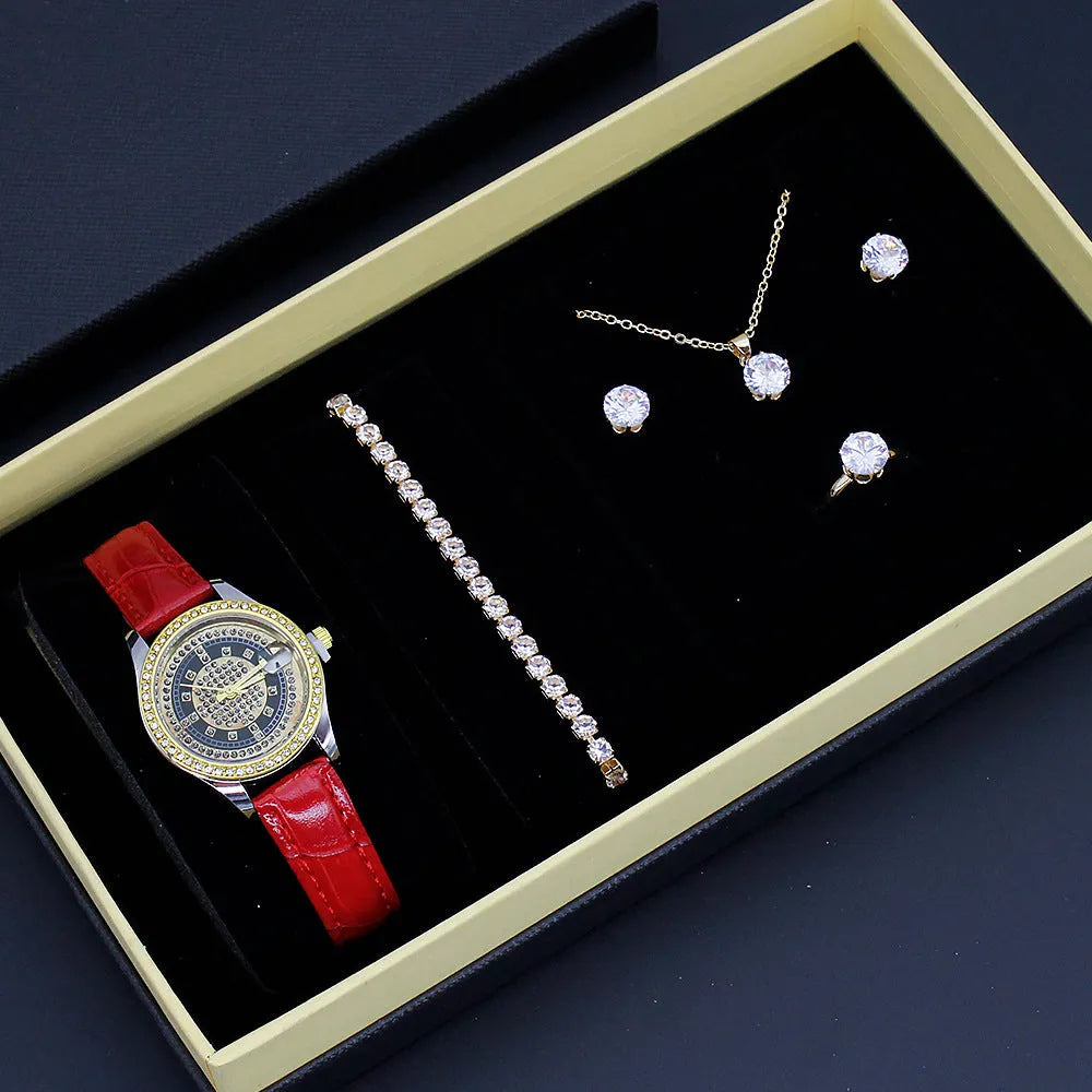 Ladies watch jewellery set gift box with white face white strap watch, bracelet, necklace, stud earrings, and ring