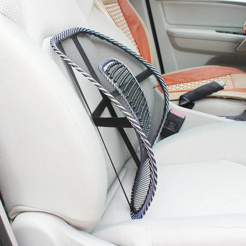 Black car lumbar support pillow with steel wire construction measuring 41x39cm