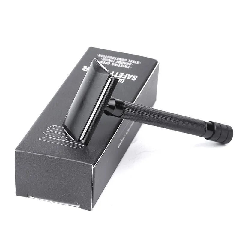 Traditional manual shaving metal scraper and brush set in black or silver for wet shaving