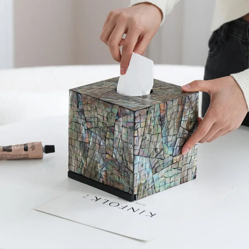 Black natural shell storage box with removable divider, shown in rectangular and square shape options.