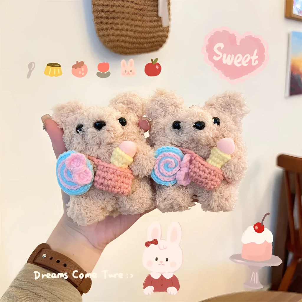 Cute lollipop ice cream bear plush earphone sleeve for AirPods in velvet material