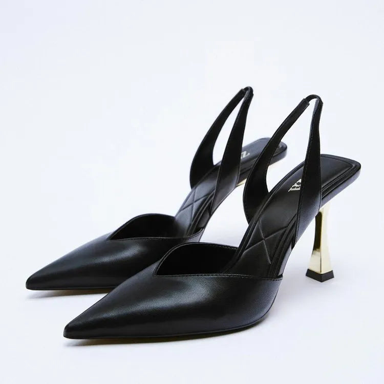 Women's pointed toe patent leather high heels in apricot nude colour, showing shallow mouth design.