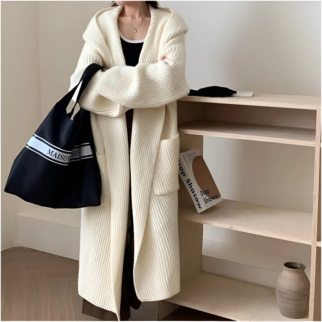 Loose hooded sweatshirt cardigan coat in acrylic fibre with raglan sleeves and extended length