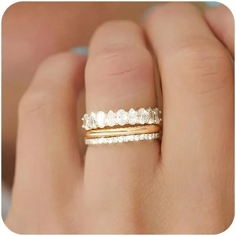 Geometric zircon three-piece ring set in white gold or yellow gold colour, sizes 6 to 10, copper band