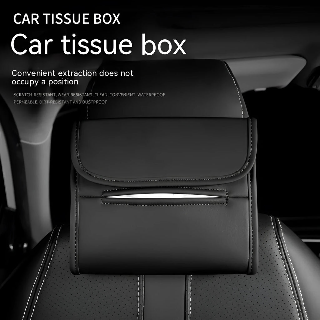 Brown leather car tissue box with elastic strap hanging on a car armrest