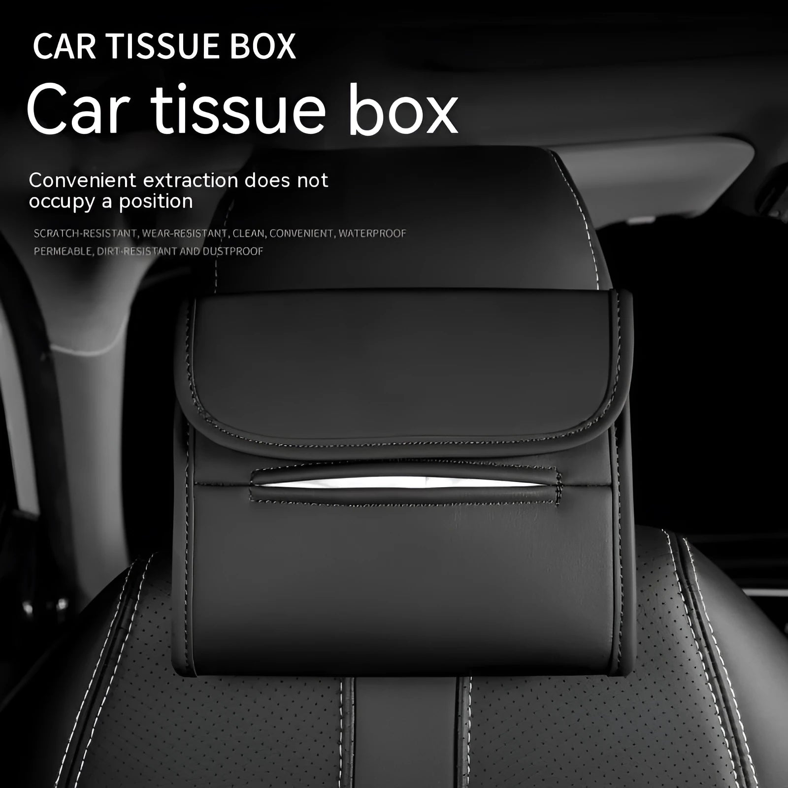 Brown leather car tissue box with elastic strap hanging on a car armrest
