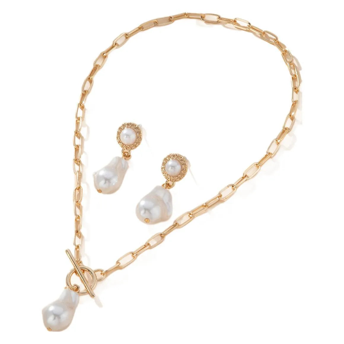 Gold tone retro baroque pearl jewellery set showing necklace and matching earrings