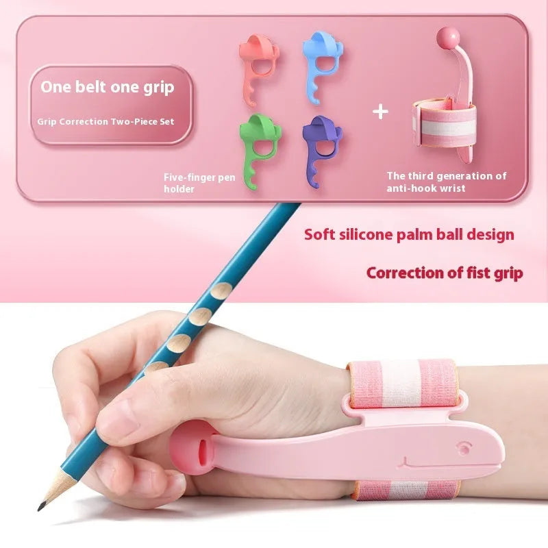 Blue and pink anti-hook pen holder corrector for writing posture training