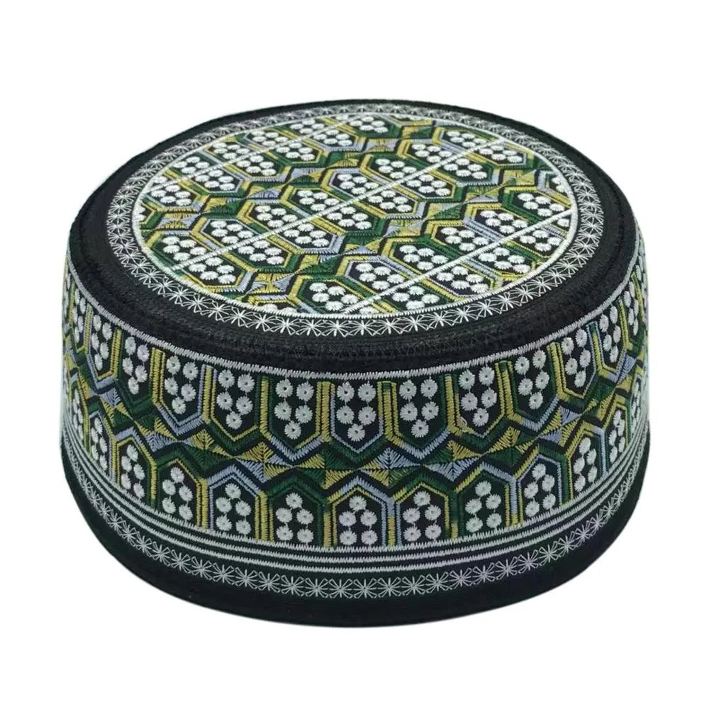 Flat top cotton Muslim hat for men in yellow green with embroidered detailing