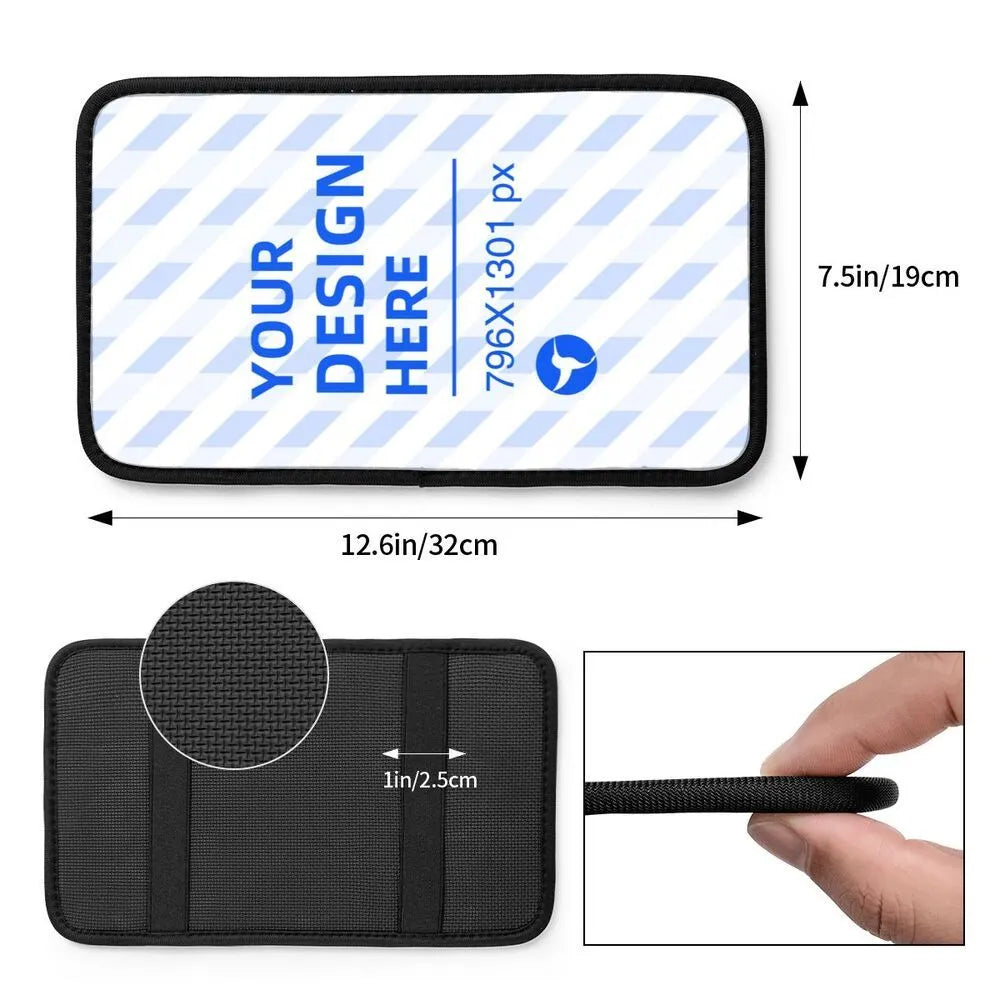 Black neoprene car armrest box cushion with non-slip bottom and elastic band, one size, covering centre console