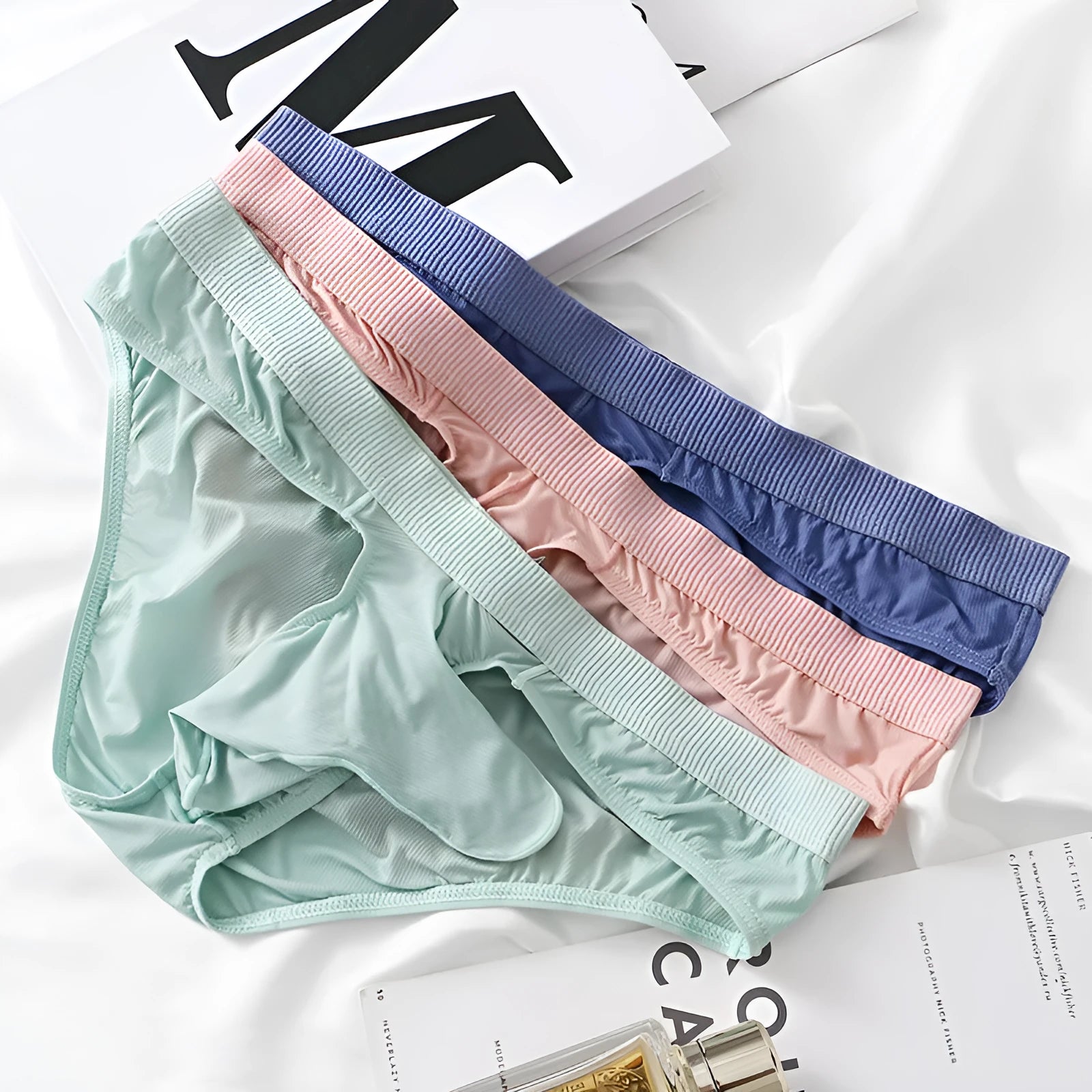 Men's low waist Ice Silk briefs in multiple colours with knitted construction