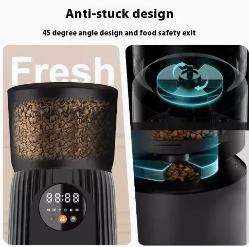 Black intelligent pet feeder with automatic timing and quantitative remote control for cats and dogs