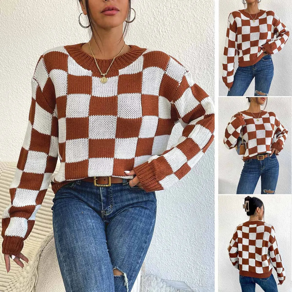 Dark brown acrylic pullover sweater with chessboard plaid pattern, loose round neck and long sleeves