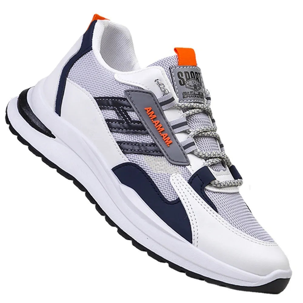 Men's grey and black breathable running shoes with flyknit mesh upper and rubber sole, sizes 39-44