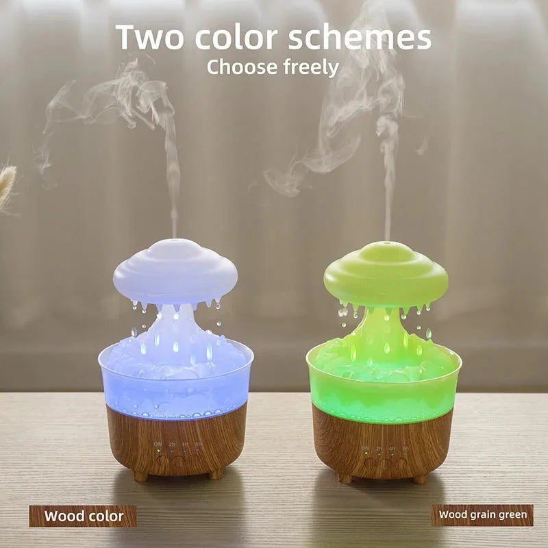 Rain cloud shaped humidifier with wood grain finish emitting mist and glowing with 7-color LED light