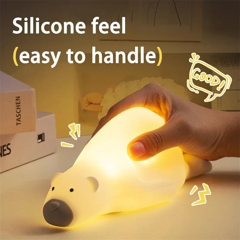 Cute bear silicone night light, 21cm wide, with three brightness levels and USB rechargeable battery, for kids bedroom