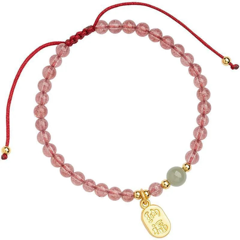 Red rope bracelet with strawberry quartz and garnet beads in hand-woven women's design