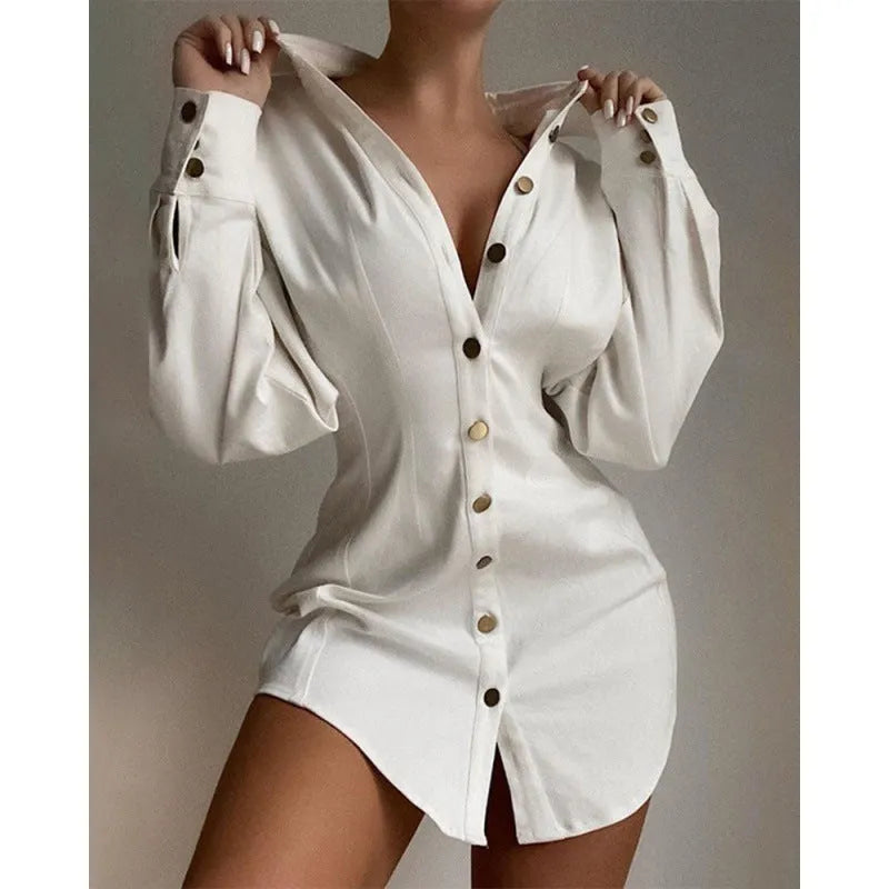 Women's printed long sleeve shirt with waist-controlled fastener decoration, button detail, art retro style, in khaki, blue, black or white.