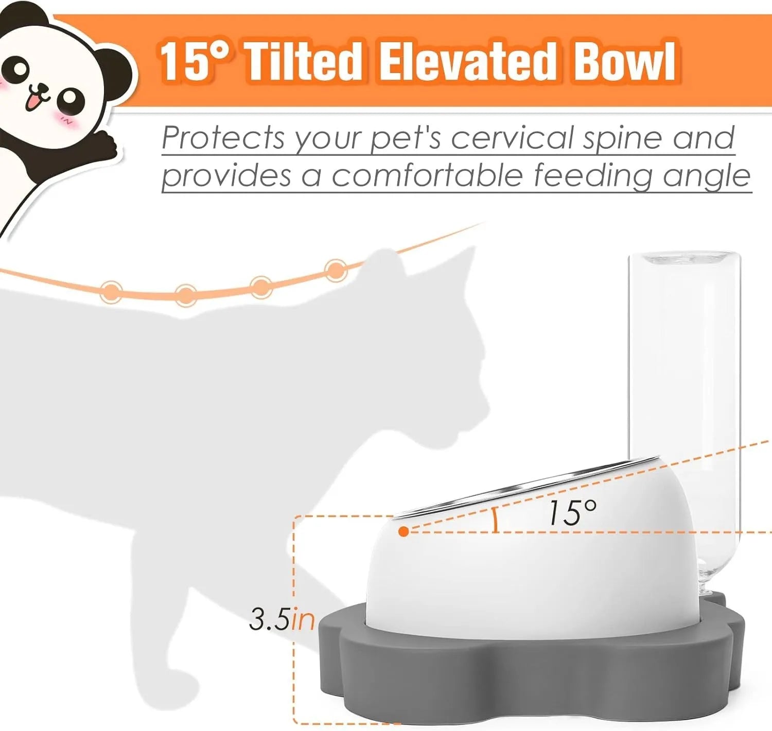Elevated pet bowl set with panda design, stainless steel dish, and automatic water dispenser bottle