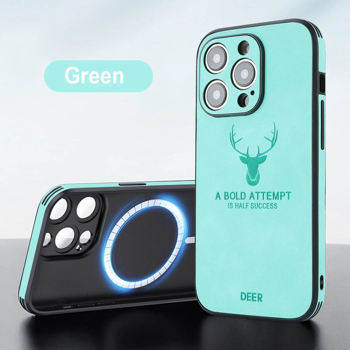 iPhone 16 series imitation leather phone case with embossed moose head print and magnetic charging feature.