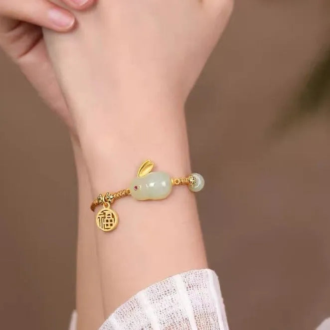 Hetian jade rabbit bracelet on yellow string cord with geometric pendant for women