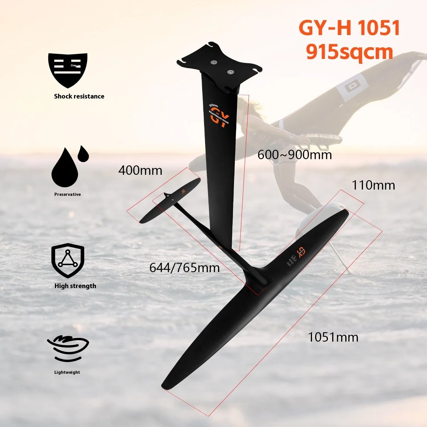 Black carbon fibre racing hydrofoil surfboard with aluminium mast and large front wing