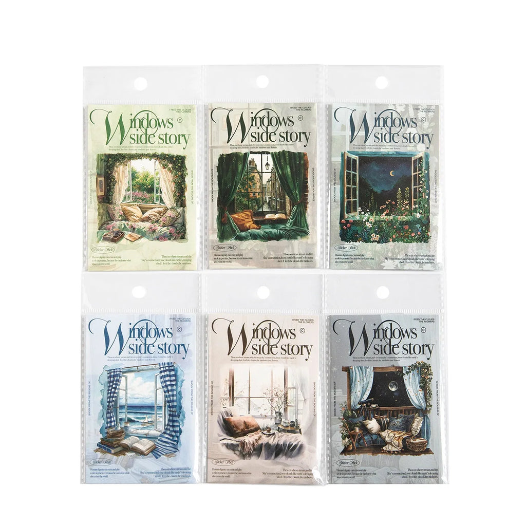 Set of six retro-style decorative stickers with seasonal window scene designs for journals.