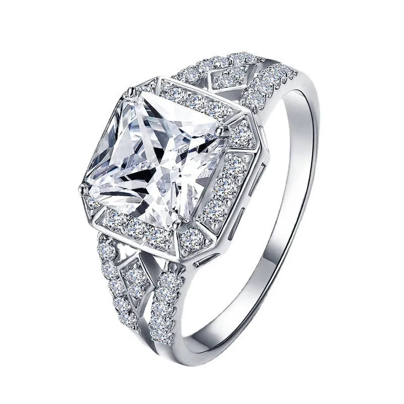 Geometric hollow zircon ring in platinum colour showing quadrilateral pattern design