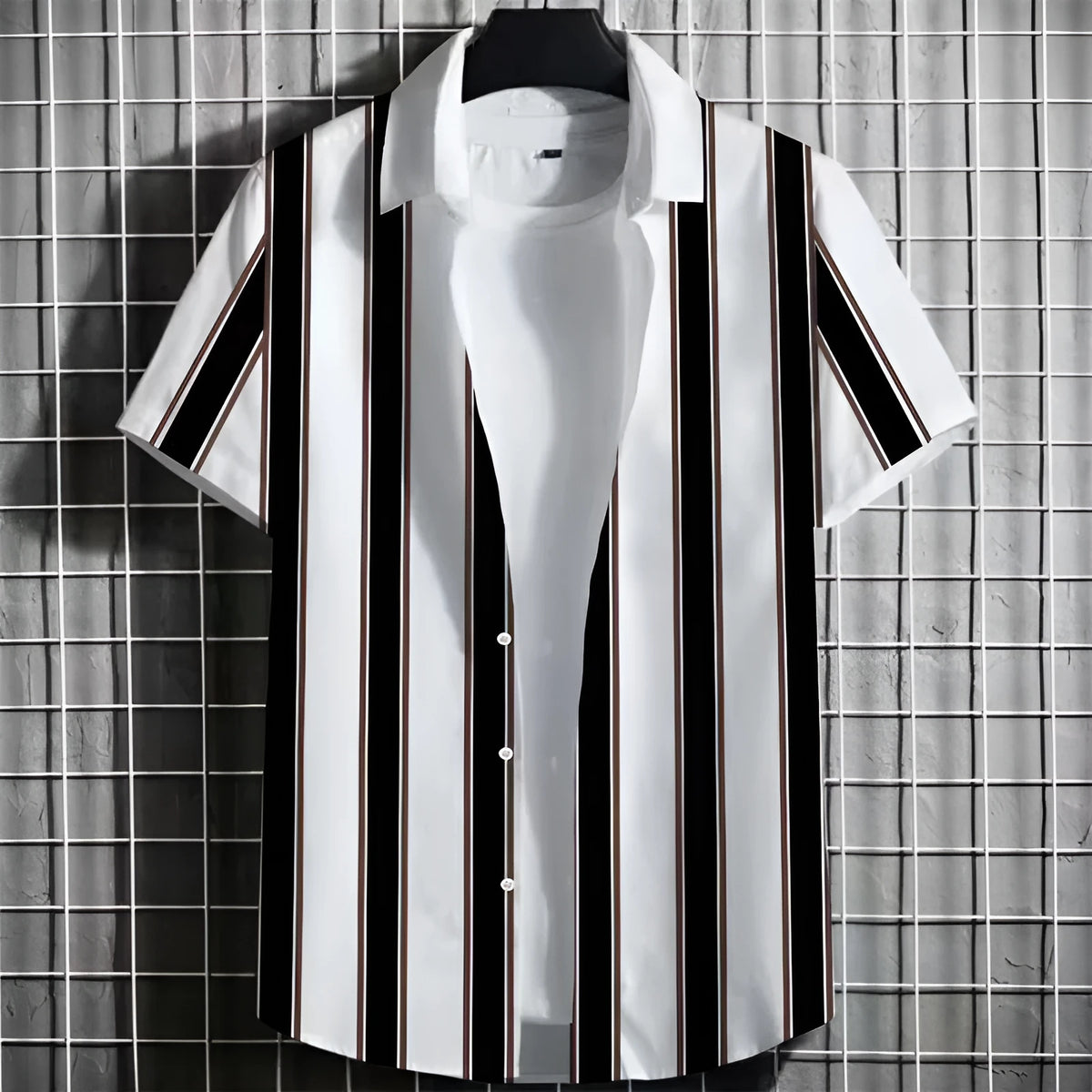 Men's linen t-shirt with 3D printed striped pattern in simple colours, showing short sleeve design