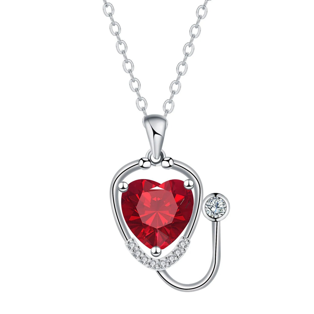 Red diamond colour copper stethoscope pendant necklace on a chain for women