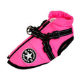 Waterproof dog coat with integrated harness in rain silk fabric, available in multiple colours and sizes