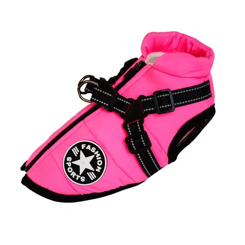 Waterproof dog coat with integrated harness in rain silk fabric, available in multiple colours and sizes